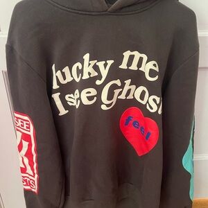 Black Graphic Hoodie with Red and Blue Accents